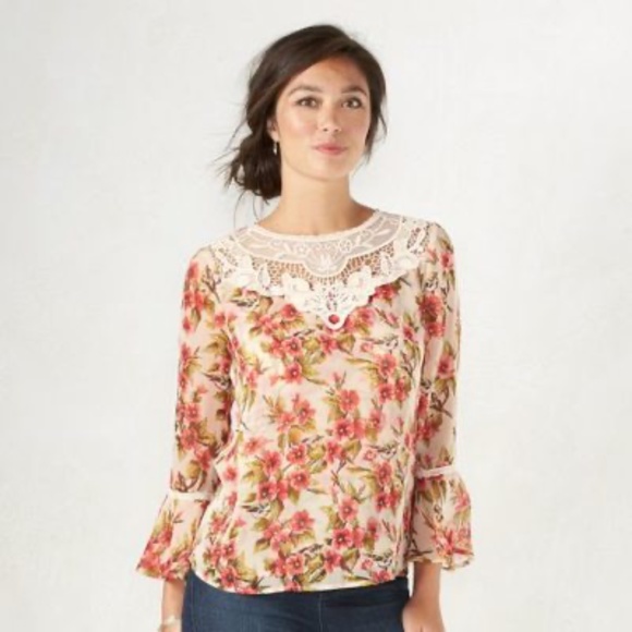 DISNEY SNOW WHITE LC LAUREN CONRAD Top Blouse Floral Peasant Boho Pink Size S XL - Picture 1 of 8